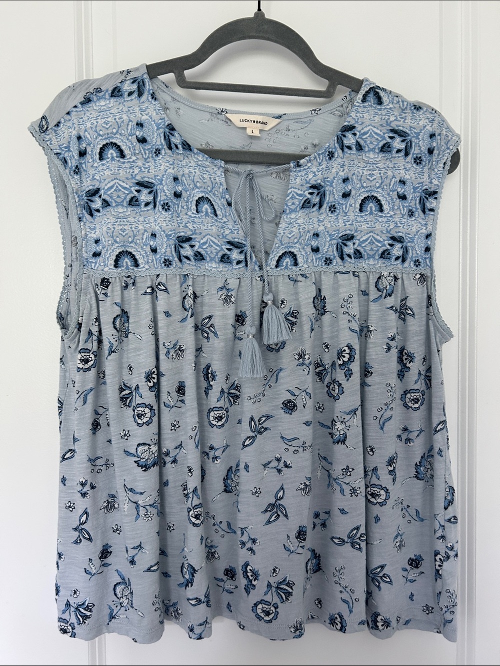 Lucky Brand Light Blue Floral Tassel Peasant Top